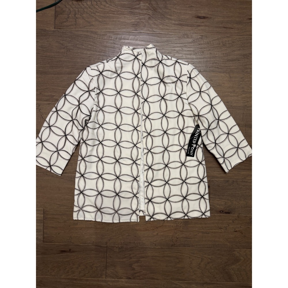 NWT Painted Pony Womens White Black Geometric Embroidered Open Jacket Large